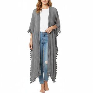 Cute Options Grey Long Boho Duster Wrap Shawl 100% Cotton Tassels Muumuu